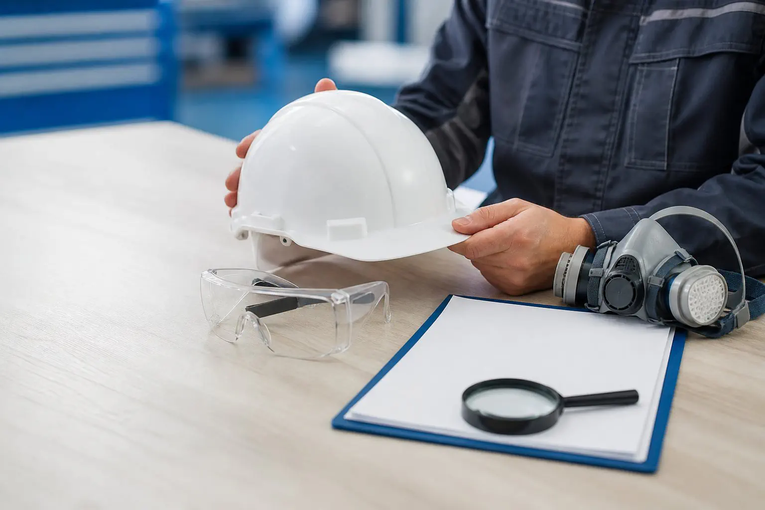 Professionnel vérifiant un casque, des lunettes et un masque de protection avec leur documentation