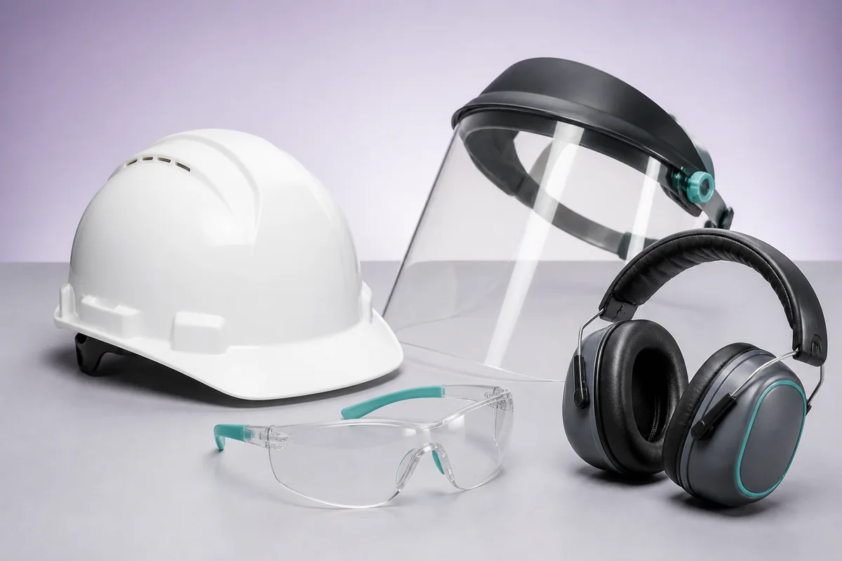 Casque, visière, lunettes et protections auditives disposés sur un fond clair.