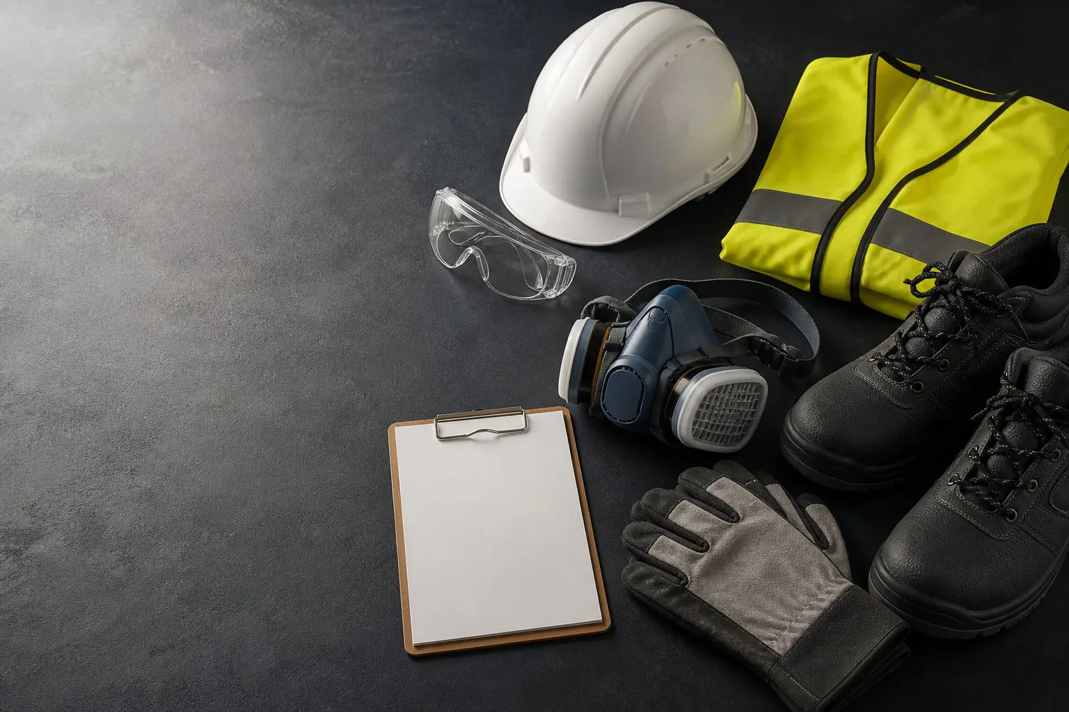 Casque, lunettes, masque respiratoire, gants, chaussures et gilet haute visibilité préparés pour évaluer les risques