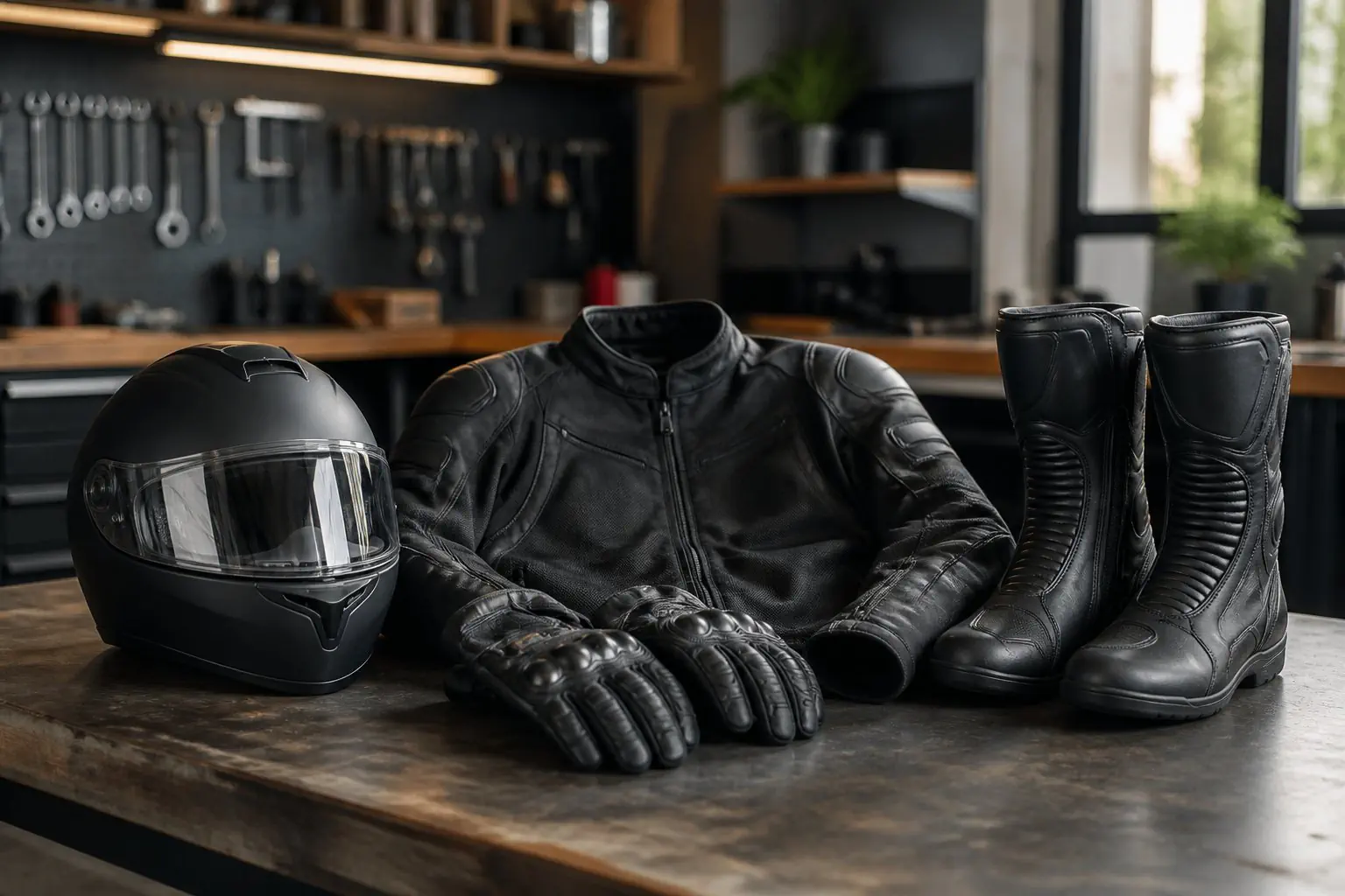 Casque, veste renforcée, gants et bottes de protection pour la conduite à moto.
