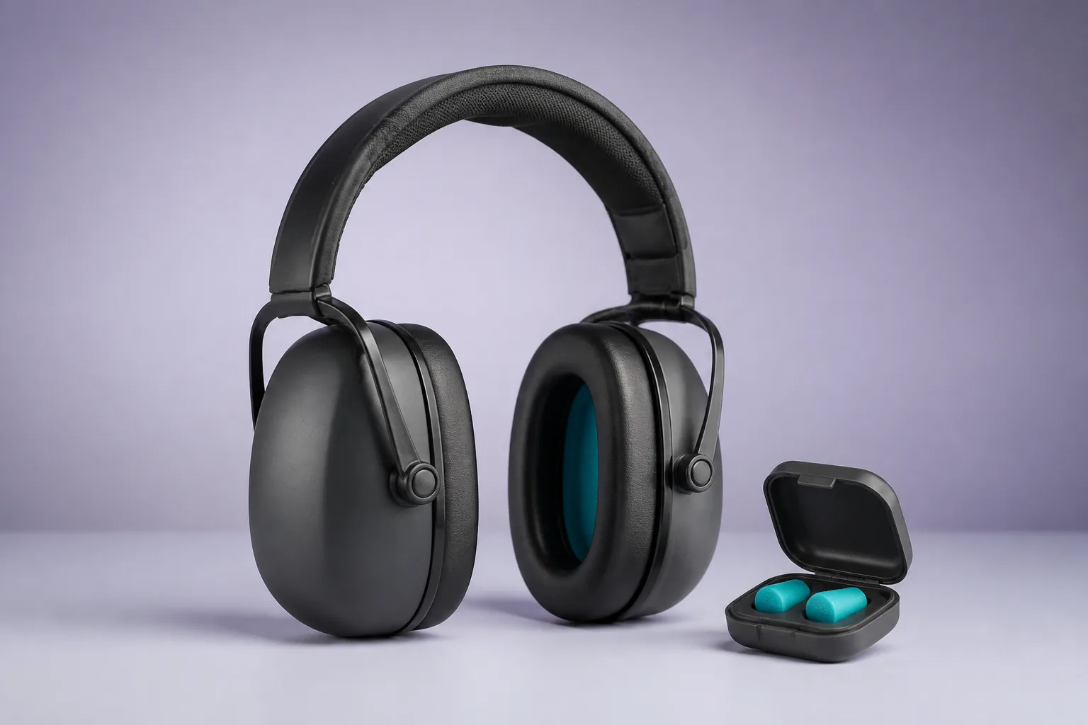 Casque antibruit et bouchons de protection auditive.