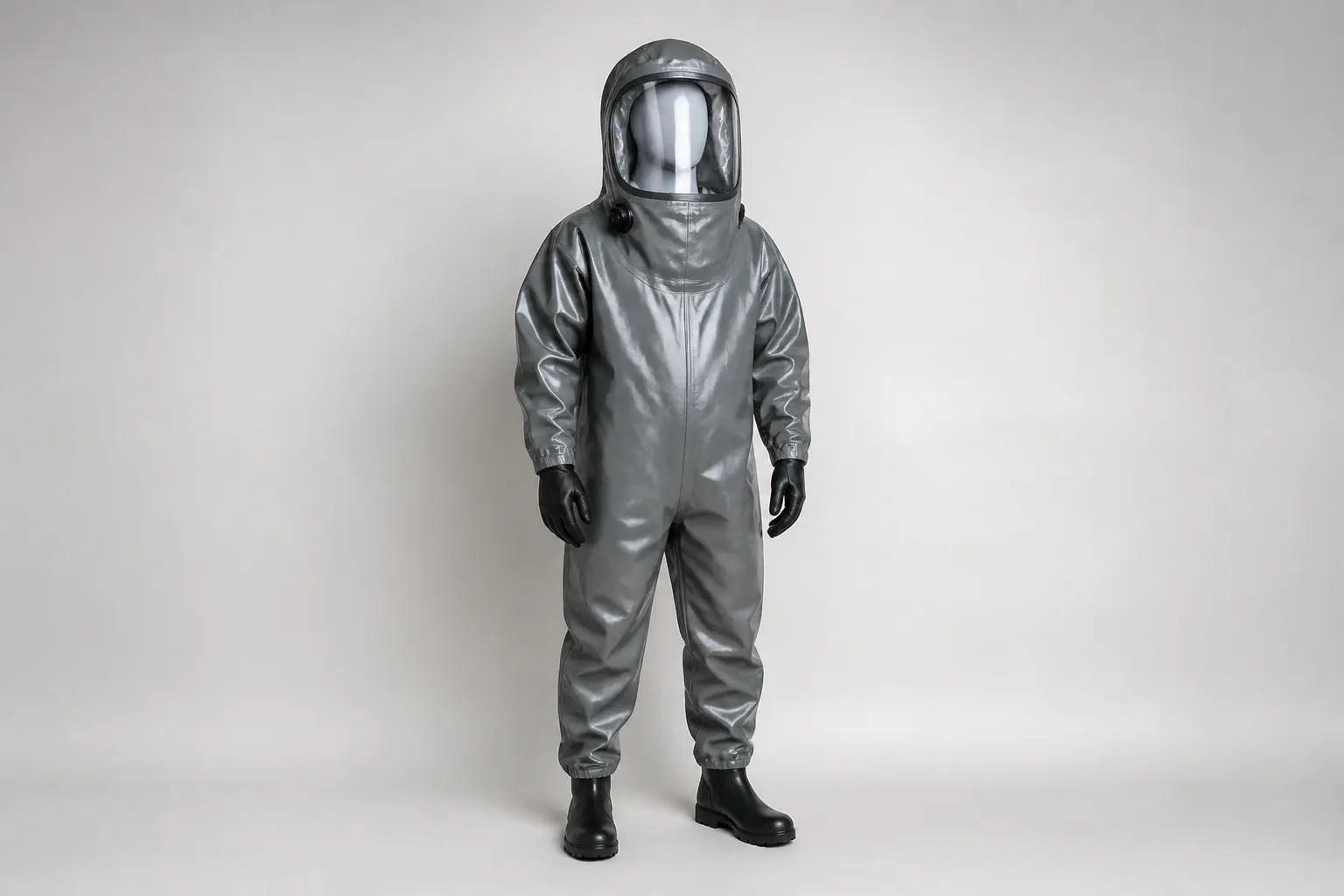 Combinaison chimique étanche aux gaz avec visière, gants et bottes intégrés.