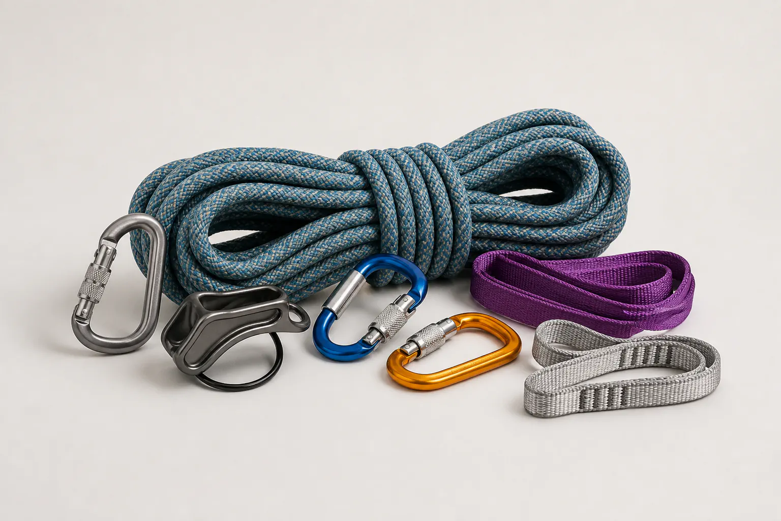 Cordes, connecteurs, sangles et dispositif d’assurage pour l’alpinisme.