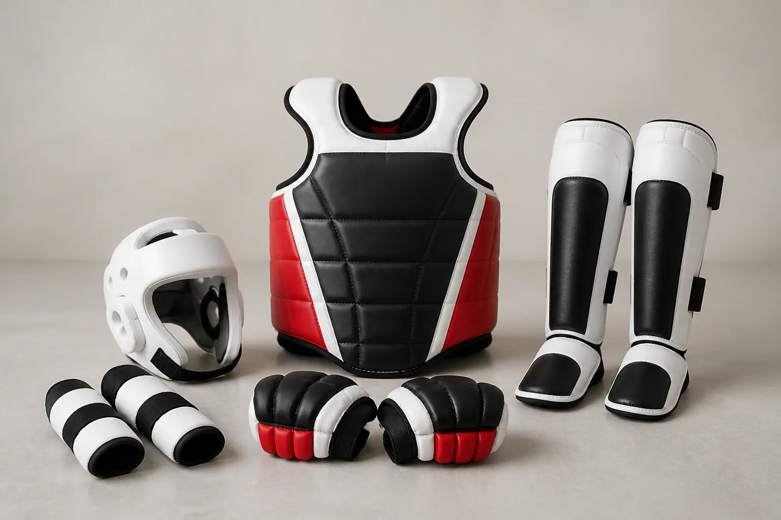 Casque, plastron, protège-tibias et gants pour les arts martiaux.