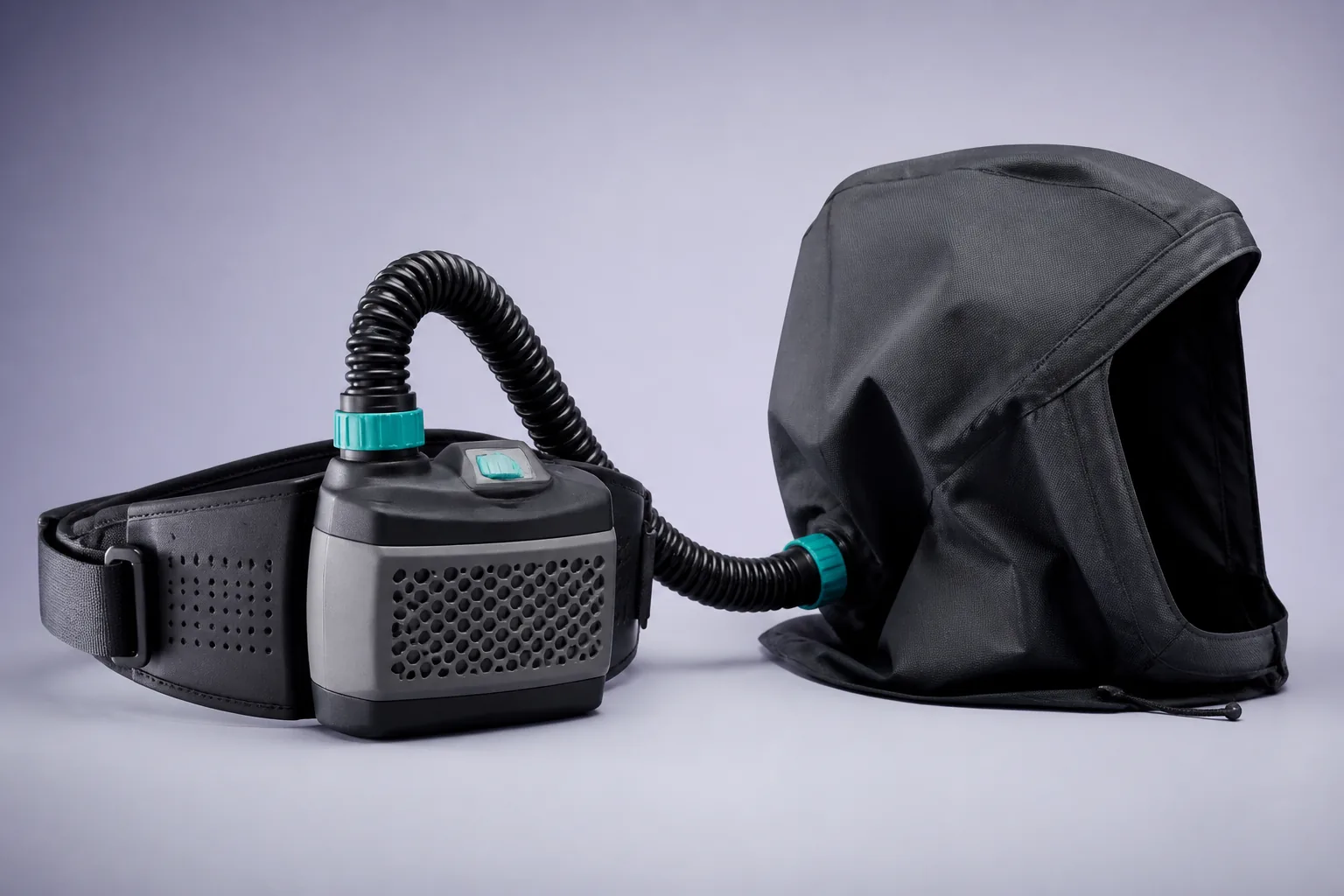 Appareil filtrant à ventilation assistée avec cagoule et flexible.