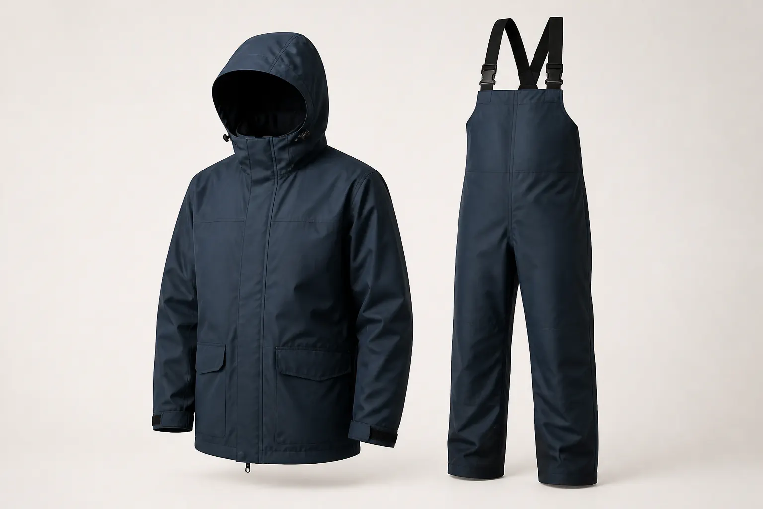 Veste, salopette et capuche de protection contre le froid et la pluie.