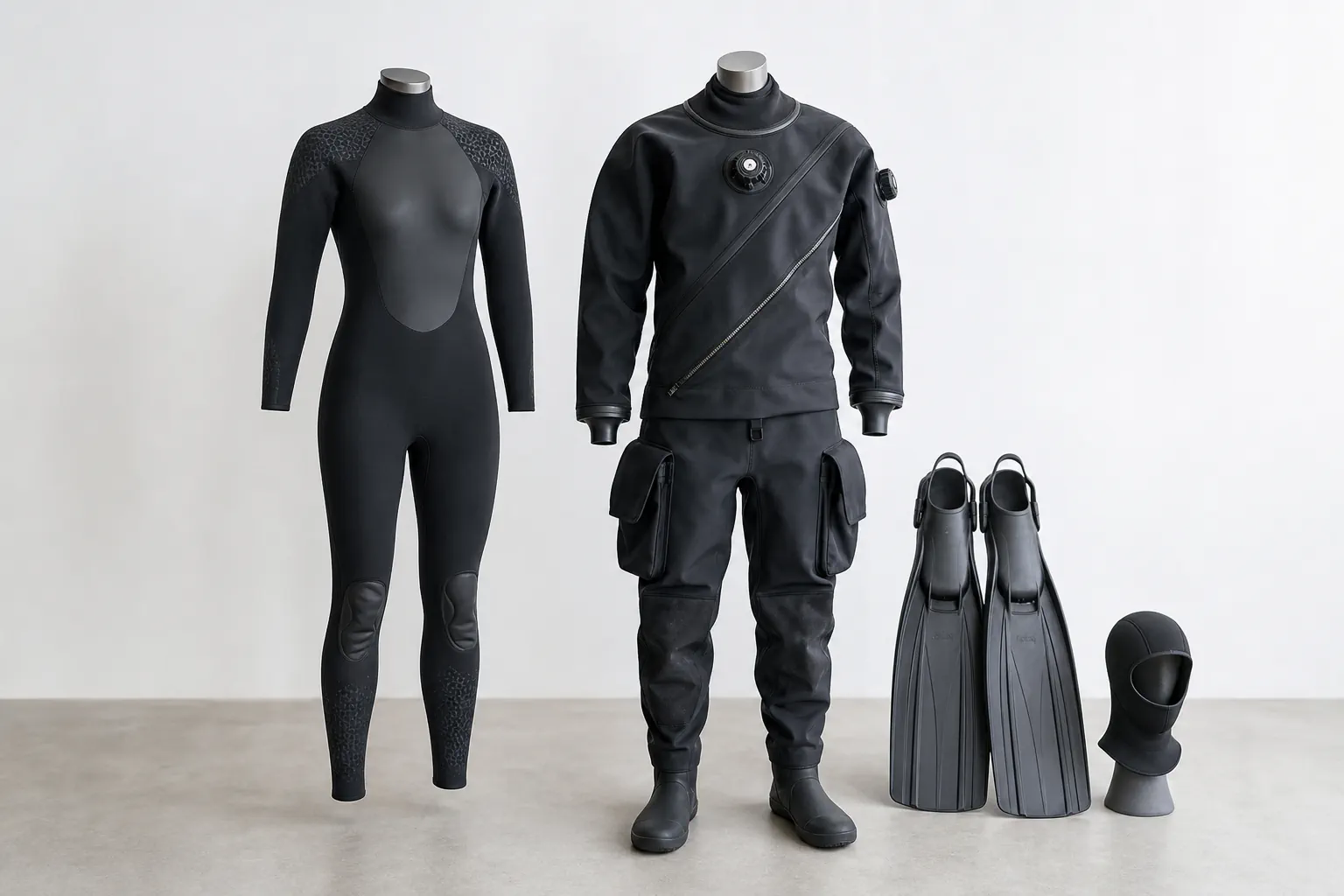 Combinaisons humides et étanches avec accessoires de plongée.