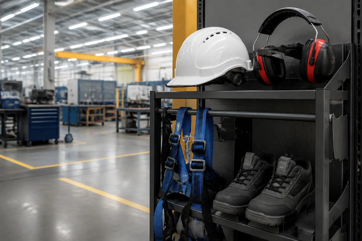 Harnais, chaussures, casque et protection auditive rangés dans un atelier industriel.