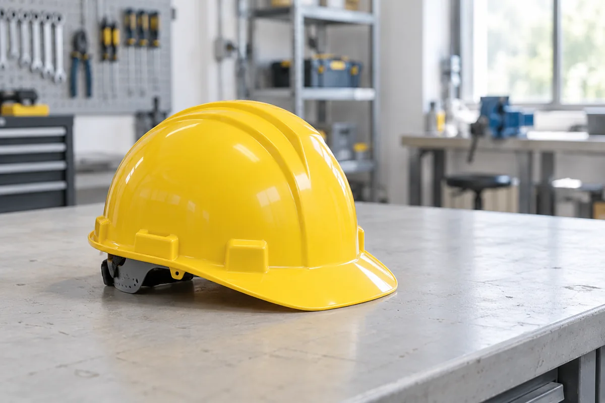 Casque de chantier jaune sur un établi