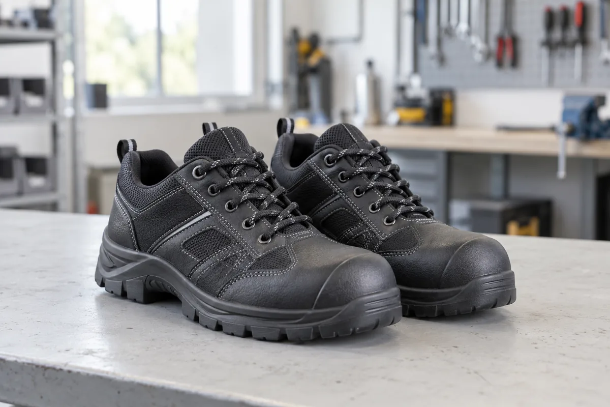 Paire de chaussures de sécurité sur un établi