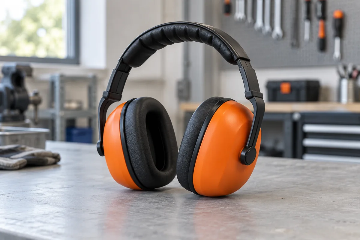 Serre-tête antibruit orange sur un établi