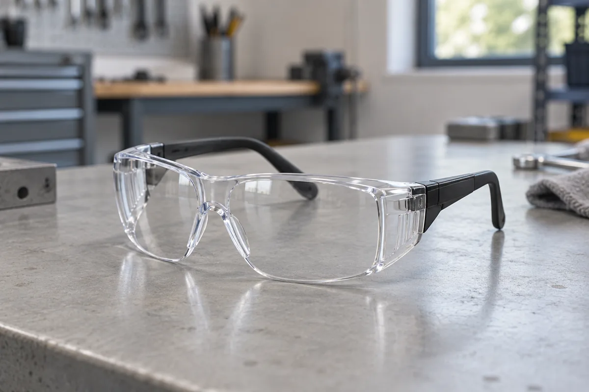 Lunettes de sécurité à branches sur un établi