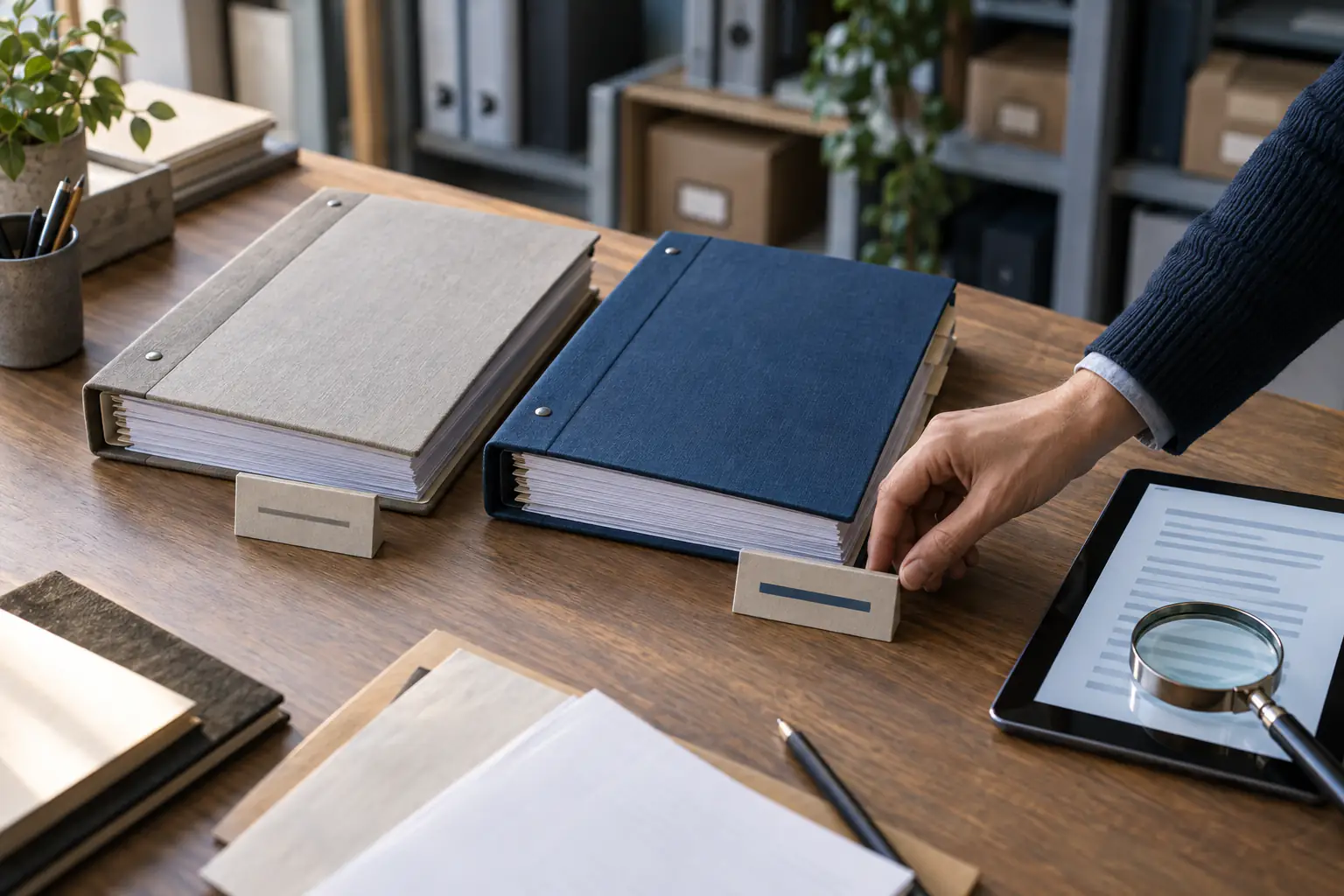 Deux éditions de dossiers techniques comparées sur une table d’archives