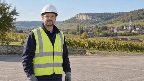 Personne fictive équipée devant des coteaux viticoles et un village de pierre, dans un cadre inspiré de la région Bourgogne-Franche-Comté