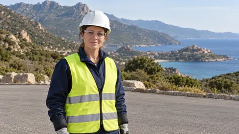 Personne fictive équipée devant le maquis, des montagnes et une baie méditerranéenne, dans un cadre inspiré de la région Corse