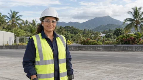 Personne fictive équipée devant une végétation tropicale et un relief volcanique, dans un cadre inspiré de la région Guadeloupe
