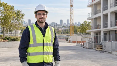 Personne fictive équipée devant un cadre urbain et une zone de préparation de chantier, dans un cadre inspiré de la région Île-de-France