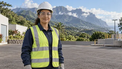 Personne fictive équipée devant une vallée tropicale et des reliefs volcaniques, dans un cadre inspiré de la région La Réunion