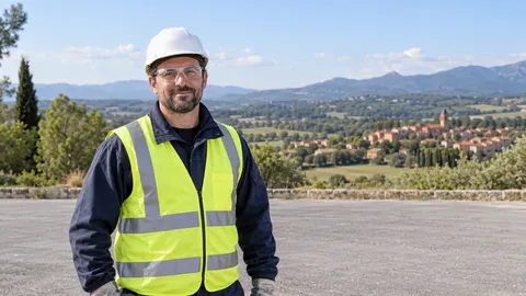 Personne fictive équipée devant une campagne ensoleillée et un village de brique, dans un cadre inspiré de la région Occitanie
