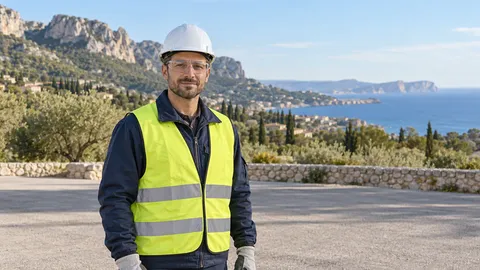 Personne fictive équipée devant des collines calcaires, des oliviers et un littoral méditerranéen, dans un cadre inspiré de la région Provence-Alpes-Côte d’Azur