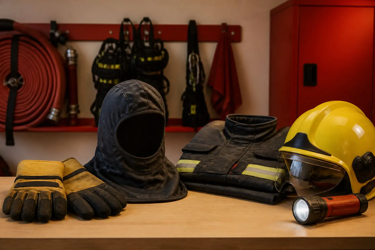 Gants thermiques, cagoule, veste et casque préparés pour les risques de chaleur.