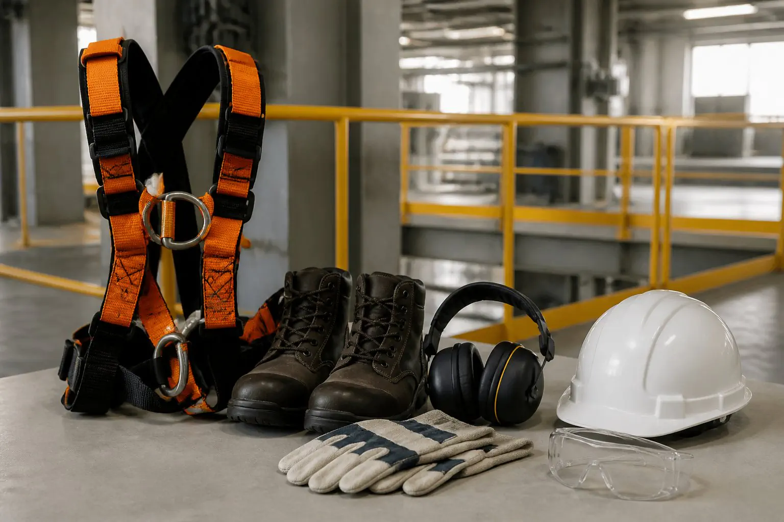 Harnais, chaussures, casque, gants et protection auditive préparés dans une zone industrielle.