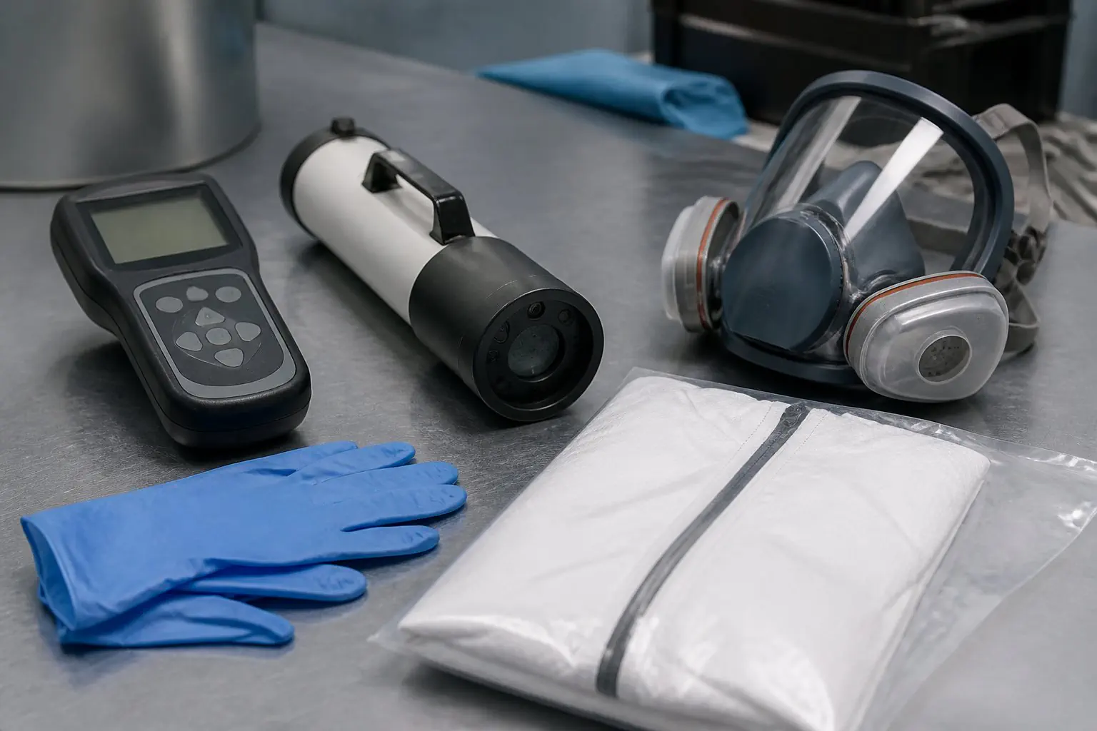 Appareil de mesure, masque, gants et tenue de protection préparés sur un plan technique.