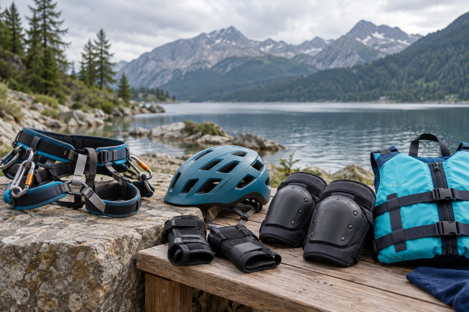 Casque, harnais d’escalade, protections articulaires et aide à la flottabilité près d’un lac de montagne.
