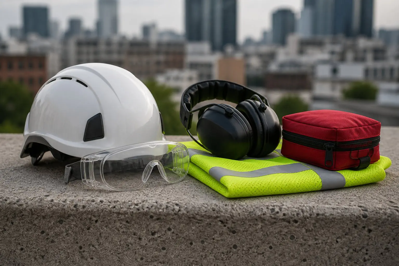 Casque, lunettes, protections auditives et tenue haute visibilité dans un environnement urbain.