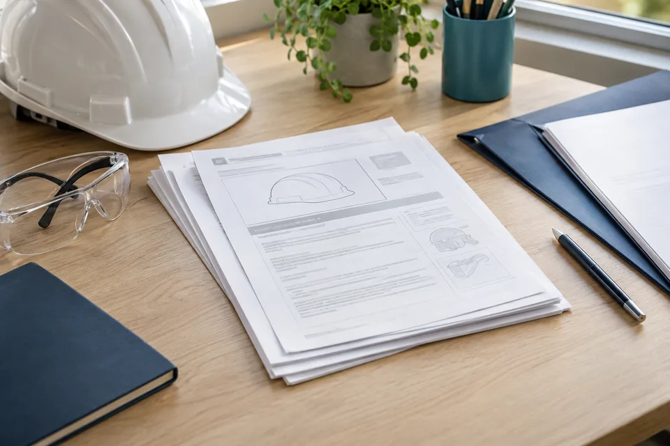 Notices illustrées, casque et lunettes de protection disposés sur un bureau