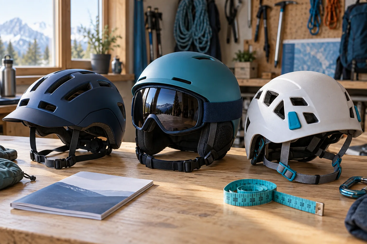 Casques de vélo, de ski et d’escalade posés côte à côte avec leurs systèmes de réglage visibles
