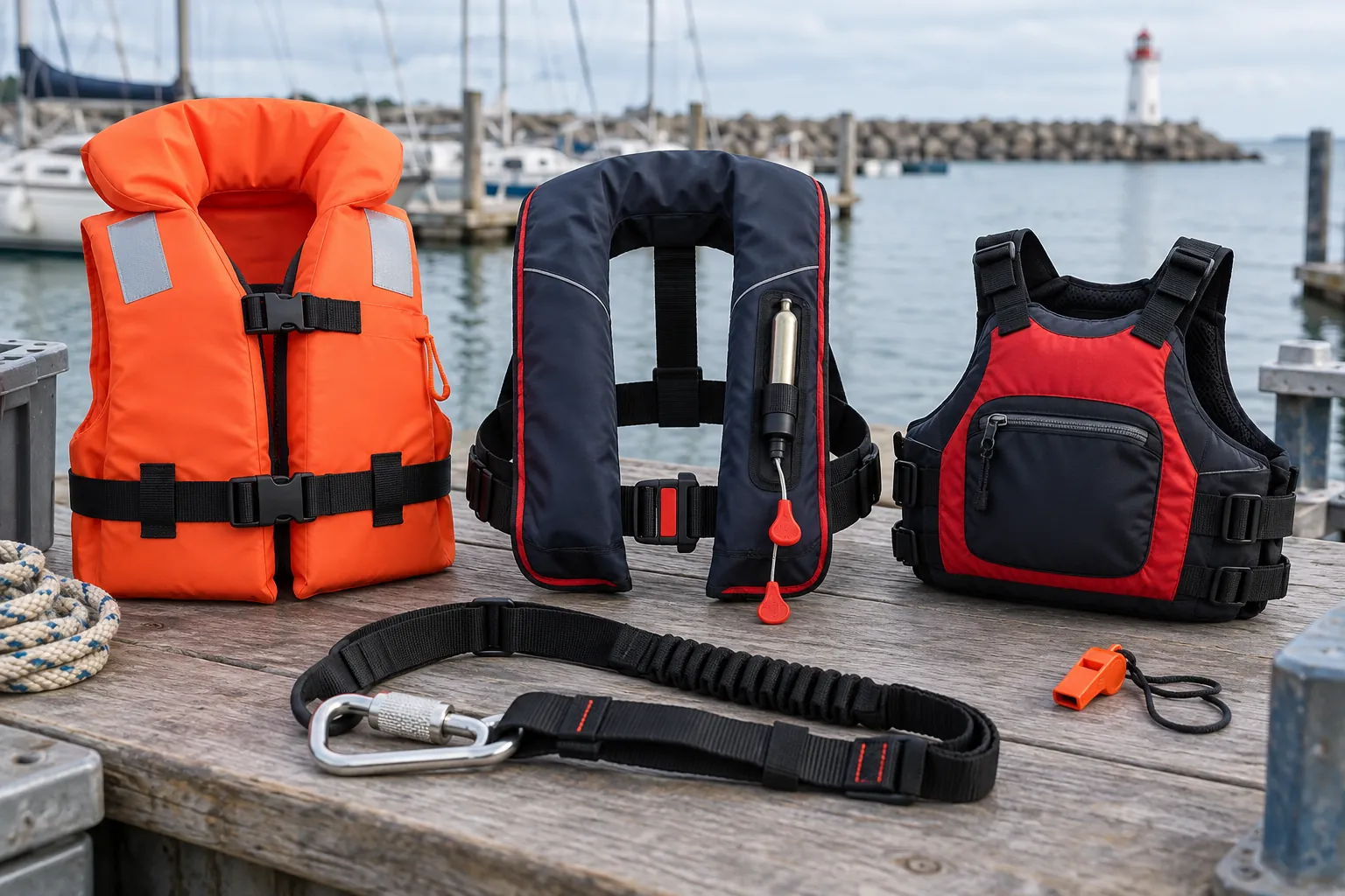 Aide à la flottabilité, gilet de sauvetage en mousse et gilet gonflable présentés sur un quai