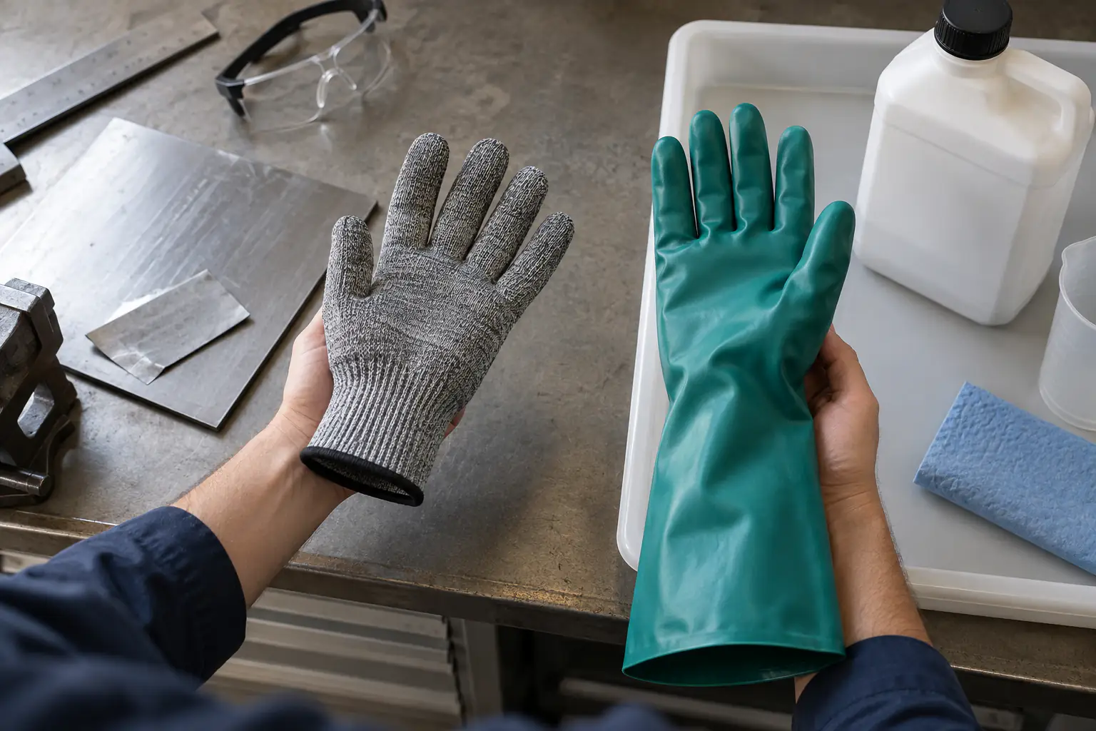 Comparaison d’un gant anticoupure et d’un gant long de protection chimique sur un établi