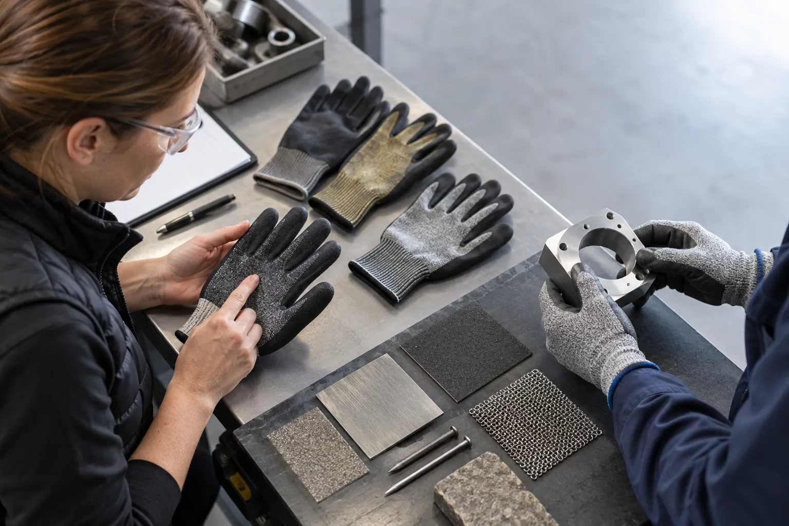 Préventrice comparant plusieurs constructions de gants mécaniques pendant un essai de préhension sûr