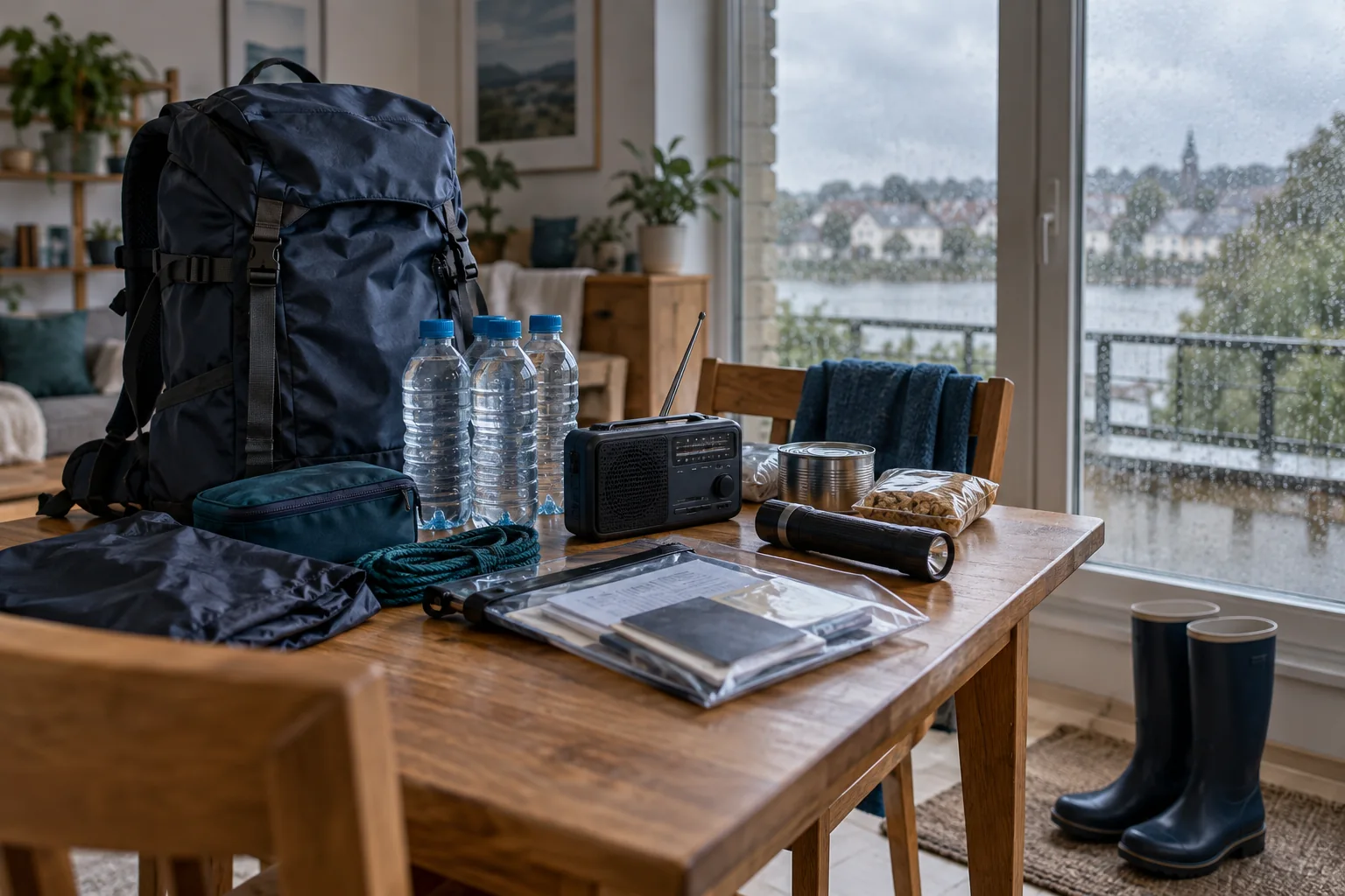 Sac d’urgence avec eau, radio, lampe, documents protégés et bottes dans un logement avant une alerte pluie