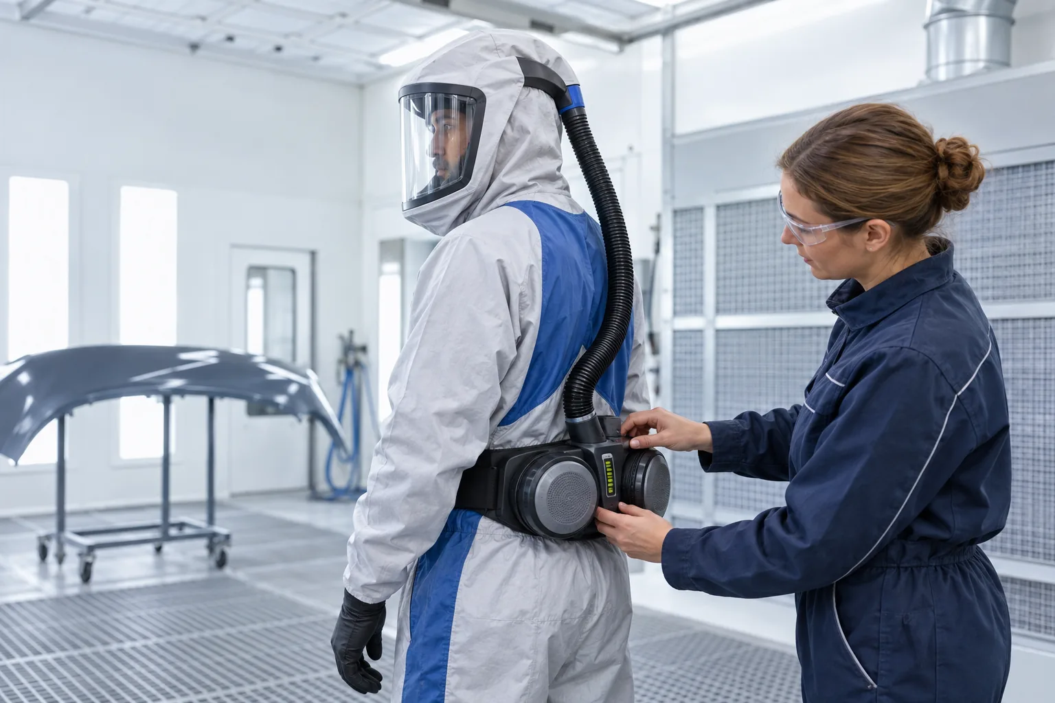Préventrice contrôlant l’indicateur de débit et la batterie d’une cagoule à ventilation assistée