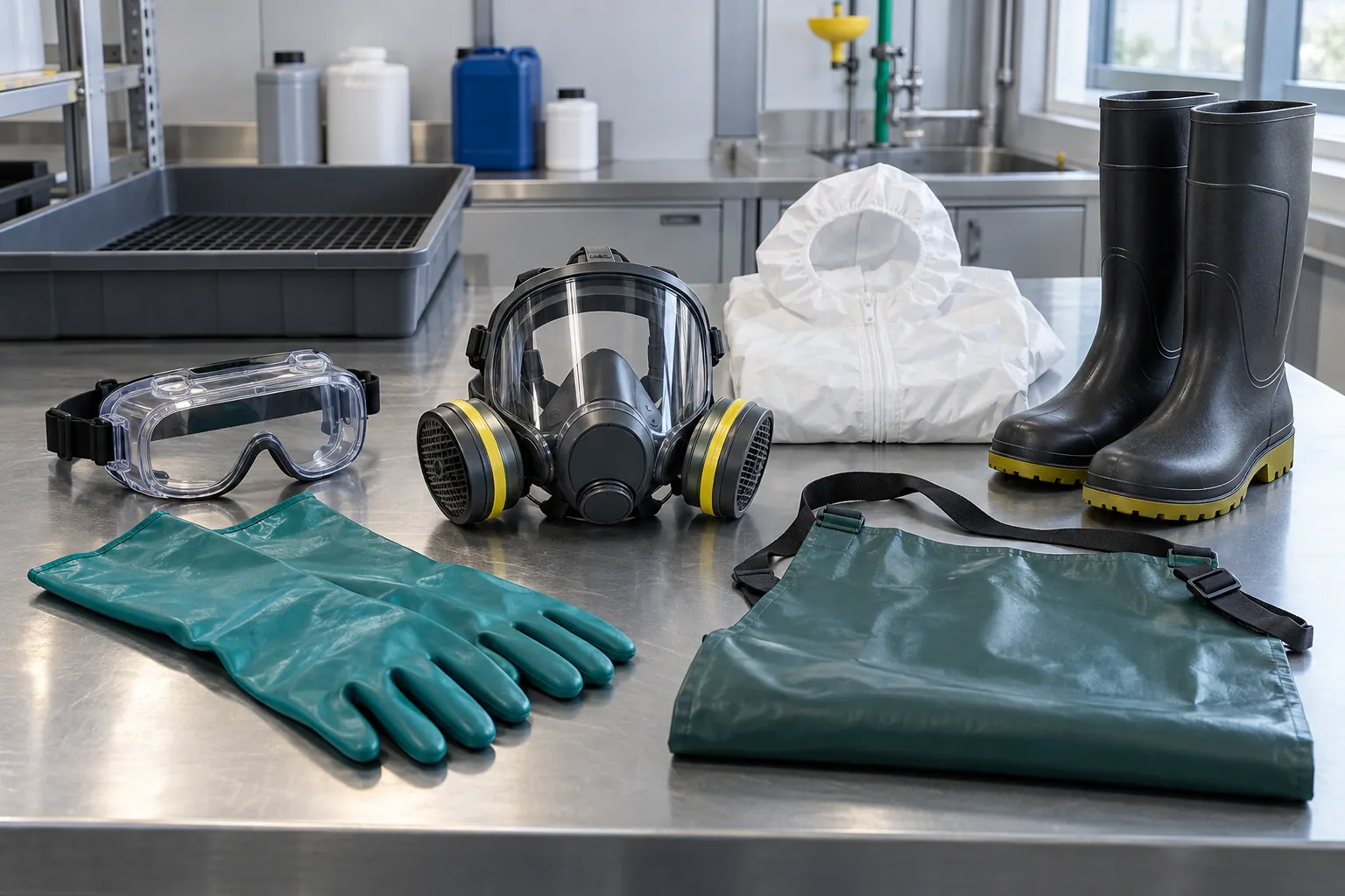 Combinaison chimique, gants, bottes, lunettes-masques et appareil respiratoire préparés ensemble