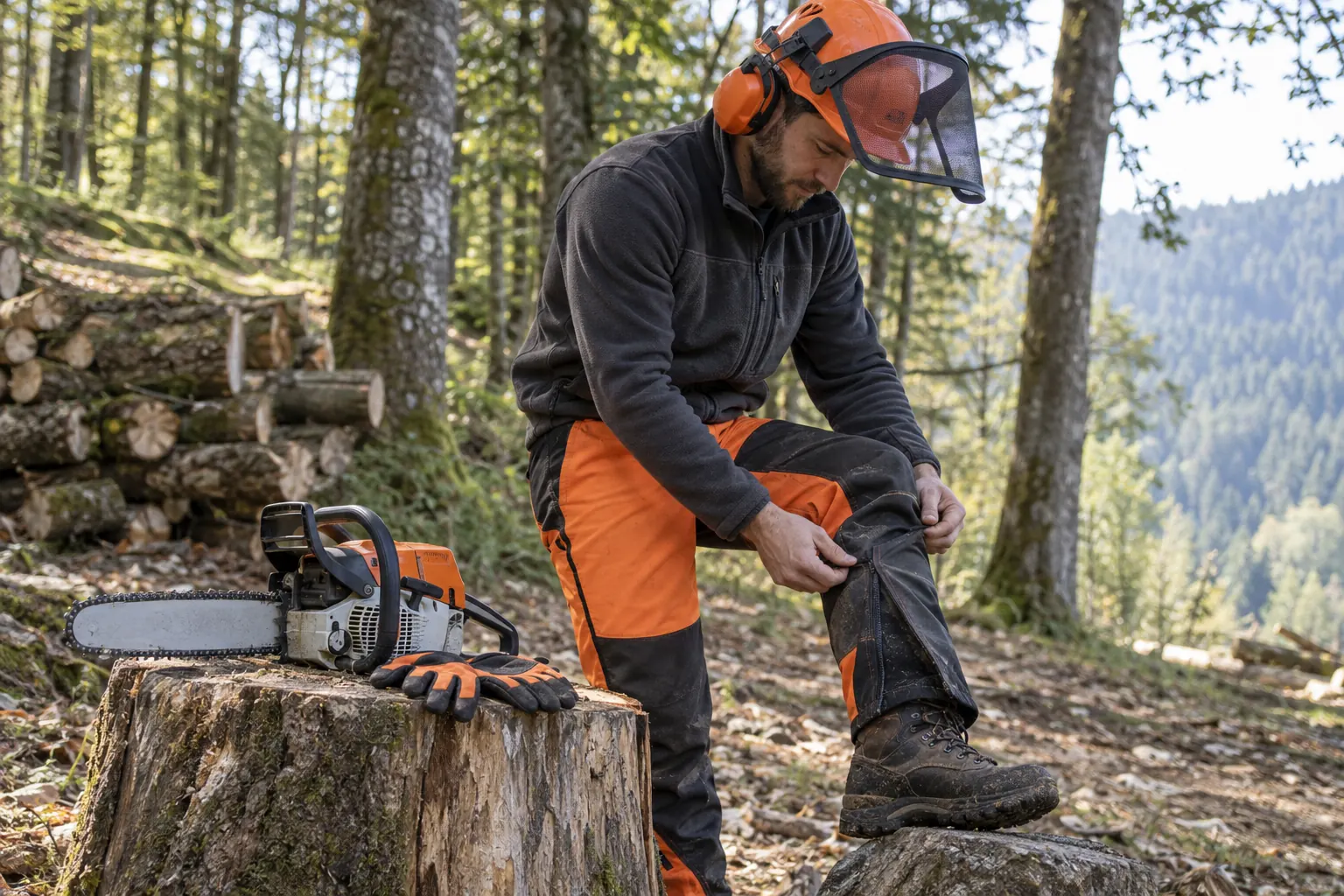 Professionnel forestier inspectant son pantalon de protection, son casque à visière et ses chaussures avant d’utiliser une scie à chaîne