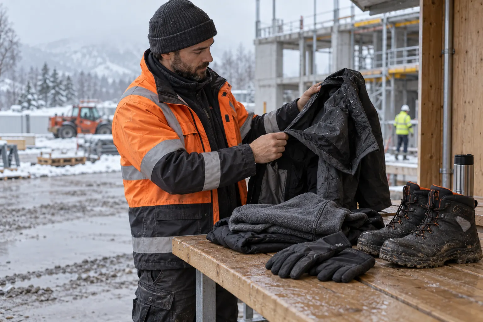Professionnel inspectant une veste imperméable, des gants et des chaussures sur un chantier hivernal