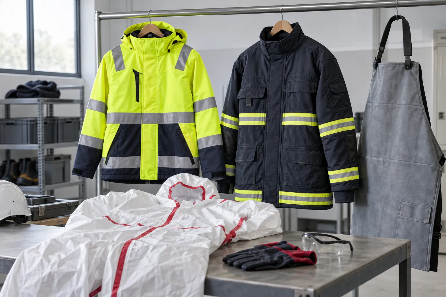Veste haute visibilité, combinaison chimique et vêtements techniques présentés côte à côte