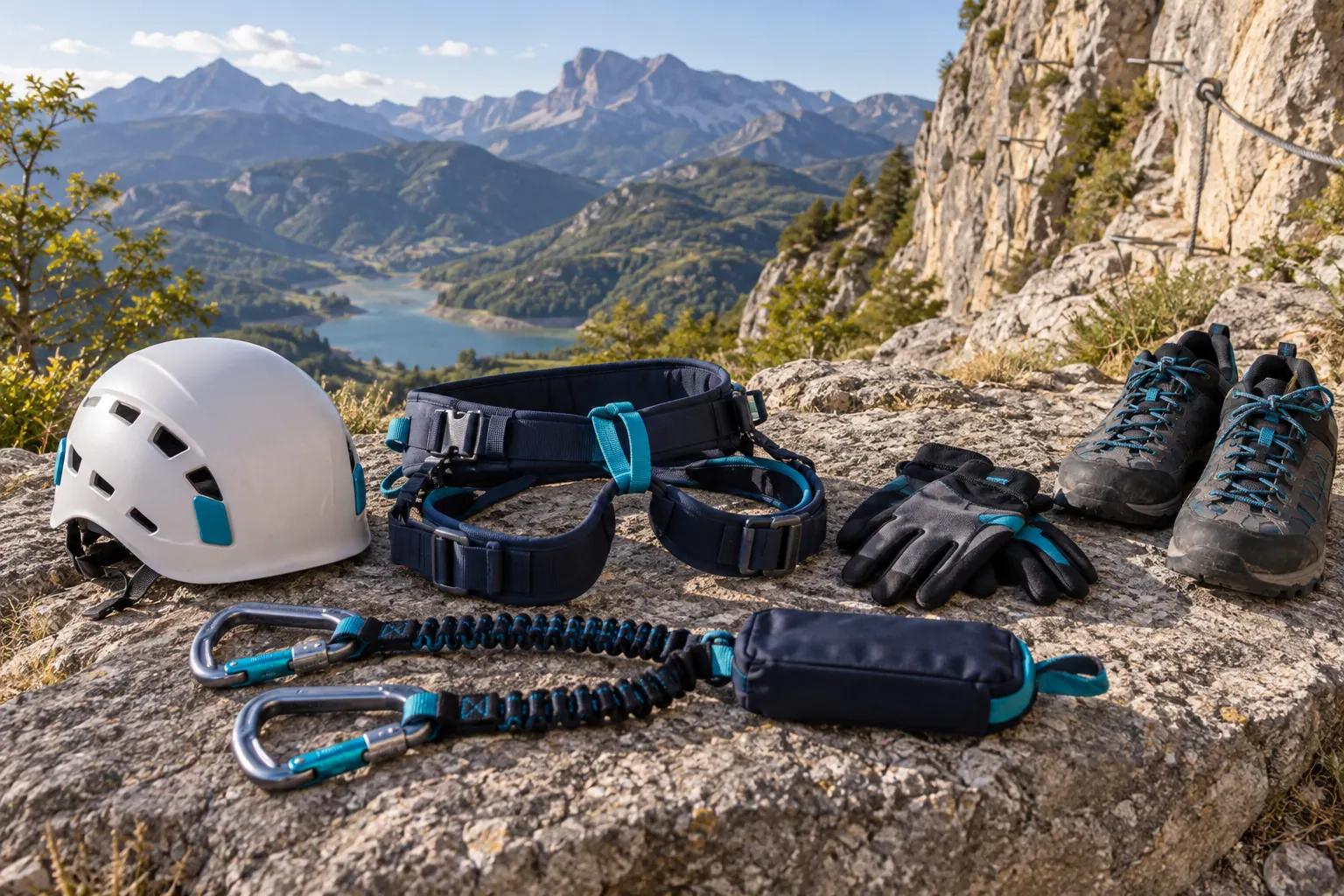Casque, harnais et longe à deux mousquetons avec absorbeur préparés au départ d’une via ferrata